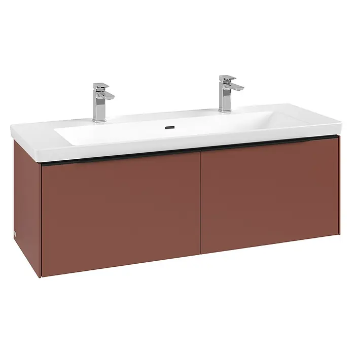 Villeroy & Boch Subway 3.0 Waschbeckenunterschrank - Wine Red, Anzahl Schubladen: 2 Stk., Farbe Griff: Volcano Black, B x T x H: 127,2 x 47,8 x 42,9 cm, Mit Beleuchtung - Doppelwaschtisch mit weißem Keramikbecken, zwei Chromarmaturen und einem dunkelroten Zweitürerschrank.
