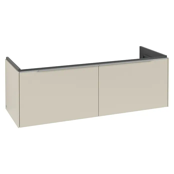 Villeroy & Boch Subway 3.0 Waschbeckenunterschrank - Cashmere Grey, Anzahl Schubladen: 2 Stk., Farbe Griff: Aluminium glänzend, B x T x H: 127,2 x 47,8 x 42,9 cm, Mit Beleuchtung - Hellbeiger Wandschrank mit zwei Türen, dunkelgrauer Oberseite und silberner Griffleiste.