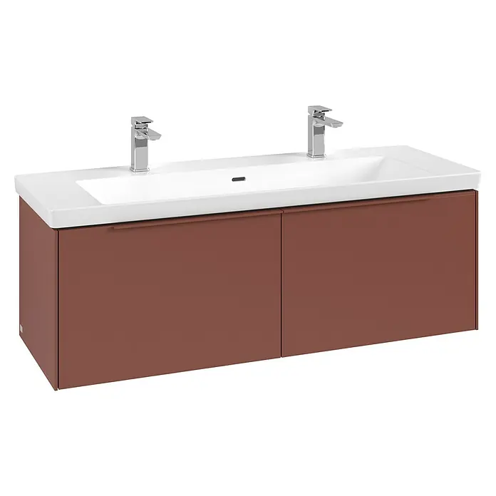 Villeroy & Boch Subway 3.0 Waschbeckenunterschrank - Wine Red, Anzahl Schubladen: 2 Stk., Farbe Griff: Monochrom, B x T x H: 127,2 x 47,8 x 42,9 cm - Brauner Doppelwaschtischunterschrank mit zwei weißen Keramikwaschbecken und Chromarmaturen.