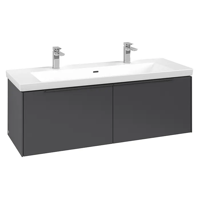 Villeroy & Boch Subway 3.0 Waschbeckenunterschrank - Graphite, Anzahl Schubladen: 2 Stk., Farbe Griff: Monochrom, B x T x H: 127,2 x 47,8 x 42,9 cm - Moderne, dunkelgraue Doppelwaschtischunterschrank mit weißem Waschbecken und zwei Chromarmaturen.