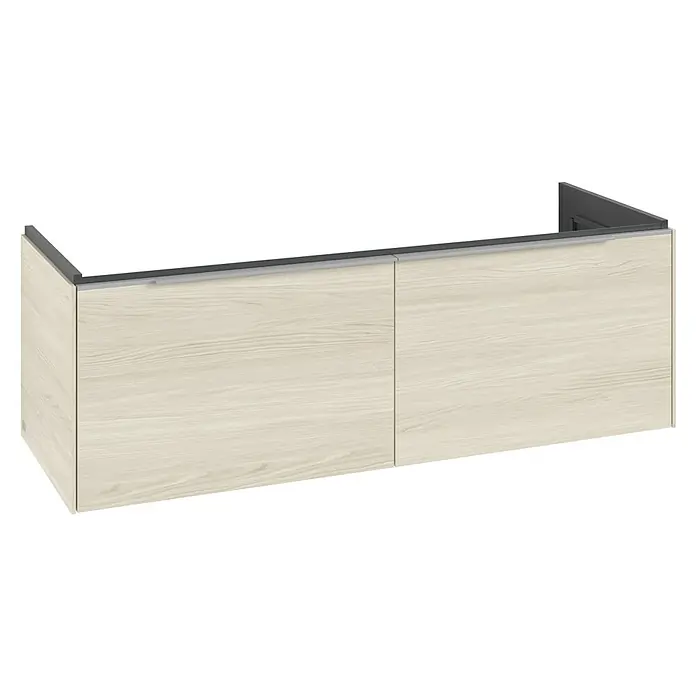 Villeroy & Boch Subway 3.0 Waschbeckenunterschrank - White Oak, Anzahl Schubladen: 2 Stk., Farbe Griff: Aluminium glänzend, B x T x H: 127,2 x 47,8 x 42,9 cm, Mit Beleuchtung - Heller Wandschrank in Holzoptik mit zwei Türen und integrierter grauer Griffleiste.
