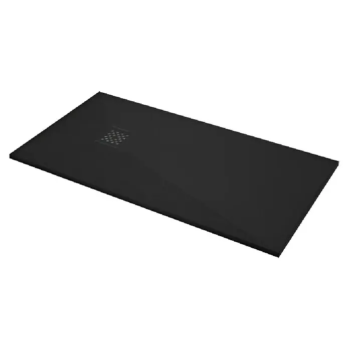 Plato de ducha aligerado Terra - L x An: 130 x 230 cm, Carga mineral, Negro - Plato de ducha negro con desagüe cuadrado en la esquina, ideal para diseños de baño modernos y fácil instalación.