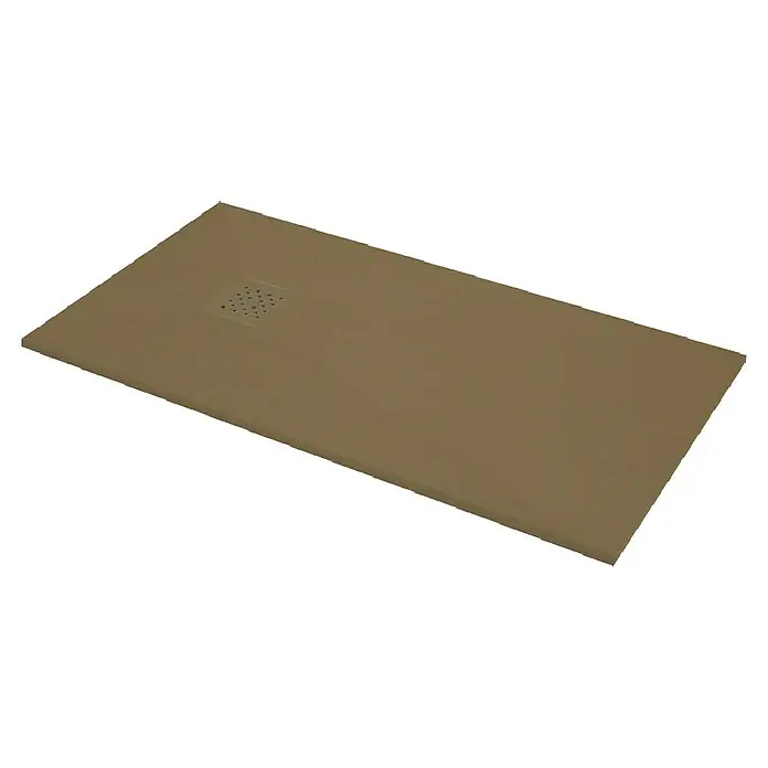 Plato de ducha aligerado Terra - L x An: 80 x 160 cm, Carga mineral, Moka - Vista de un plato de ducha rectangular de color marrón claro con un desagüe cuadrado con pequeños agujeros, colocado sobre un fondo negro.