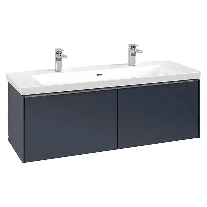 Villeroy & Boch Subway 3.0 Waschbeckenunterschrank - Marine Blue, Anzahl Schubladen: 2 Stk., Farbe Griff: Aluminium glänzend, B x T x H: 127,2 x 47,8 x 42,9 cm - Modernes Doppelwaschbecken mit weißer Keramik, zwei Chromarmaturen und einem eleganten dunkelblauen Unterschrank.