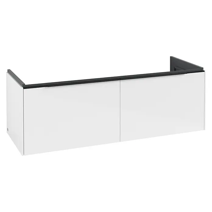 Villeroy & Boch Subway 3.0 Waschbeckenunterschrank - Brilliant White, Anzahl Schubladen: 2 Stk., Farbe Griff: Volcano Black, B x T x H: 127,2 x 47,8 x 42,9 cm - Moderner weißer wandmontierter Aufbewahrungsschrank mit dunkelgrauen Griffprofilen.