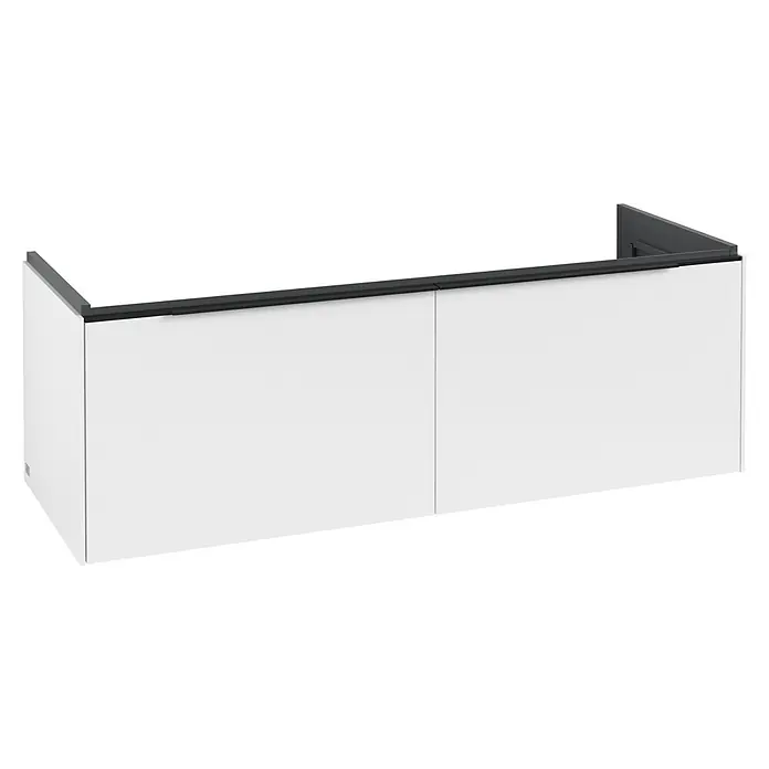 Villeroy & Boch Subway 3.0 Waschbeckenunterschrank - Pure White, Anzahl Schubladen: 2 Stk., Farbe Griff: Volcano Black, B x T x H: 127,2 x 47,8 x 42,9 cm - Weißer Wandschrank mit zwei Türen und dunkelgrauer Oberkante.