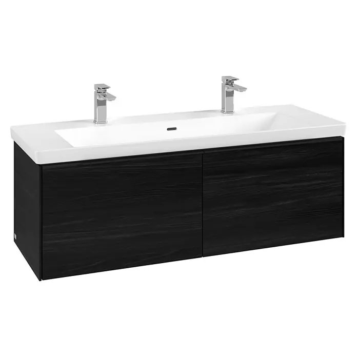 Villeroy & Boch Subway 3.0 Waschbeckenunterschrank - Black Oak, Anzahl Schubladen: 2 Stk., Farbe Griff: Volcano Black, B x T x H: 127,2 x 47,8 x 42,9 cm - Doppelwaschtisch mit weißem Keramikbecken, zwei Chromarmaturen und dunklem Holzunterschrank.