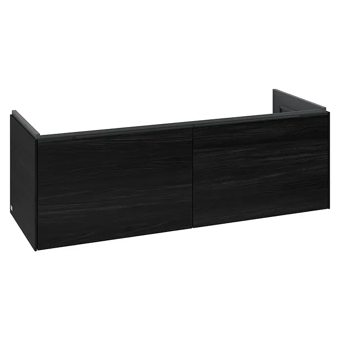 Villeroy & Boch Subway 3.0 Waschbeckenunterschrank - Black Oak, Anzahl Schubladen: 2 Stk., Farbe Griff: Volcano Black, B x T x H: 127,2 x 47,8 x 42,9 cm - Dunkelgrauer Holzmaserungsschrank mit integriertem Griffprofil.