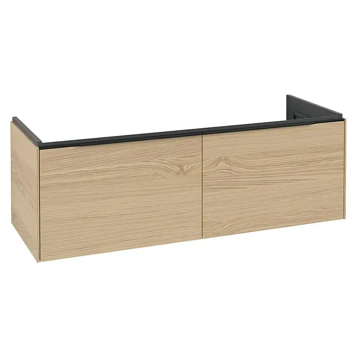 Villeroy & Boch Subway 3.0 Waschbeckenunterschrank - Nordik Oak, Anzahl Schubladen: 2 Stk., Farbe Griff: Volcano Black, B x T x H: 127,2 x 47,8 x 42,9 cm - Hängender Schrank aus heller Eiche mit integrierter dunkelgrauer Griffleiste und zwei Schubladen.