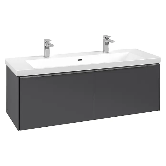 Villeroy & Boch Subway 3.0 Waschbeckenunterschrank - Graphite, Anzahl Schubladen: 2 Stk., Farbe Griff: Aluminium glänzend, B x T x H: 127,2 x 47,8 x 42,9 cm - Dunkelgrauer wandmontierter Doppelwaschtisch mit weißem Keramikbecken und zwei Chromarmaturen.