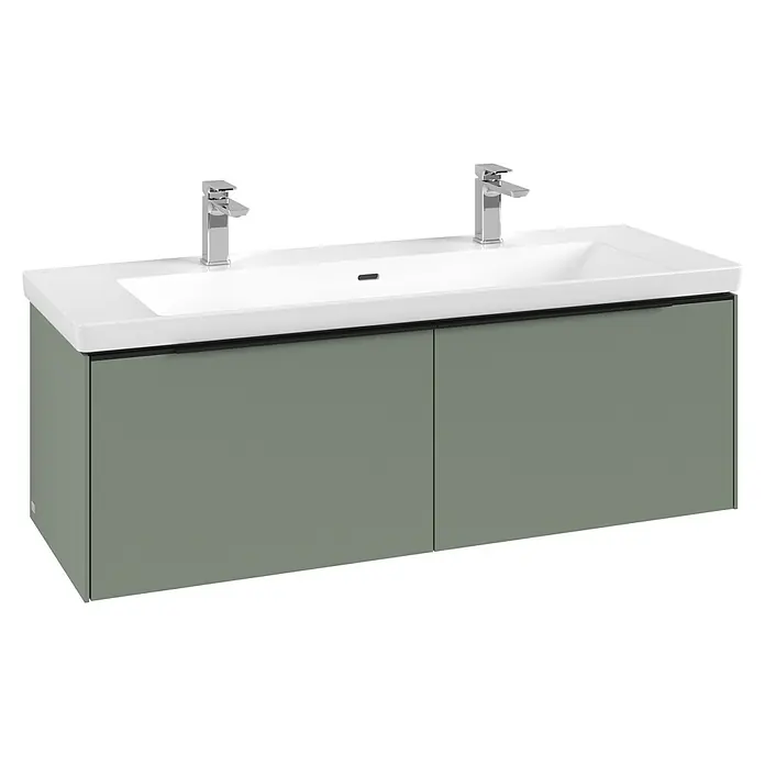 Villeroy & Boch Subway 3.0 Waschbeckenunterschrank - Soft Green, Anzahl Schubladen: 2 Stk., Farbe Griff: Volcano Black, B x T x H: 127,2 x 47,8 x 42,9 cm - Doppelwaschtischunterschrank mit weißer Keramikplatte, zwei Chromarmaturen und einem grüngrauen Schrank.