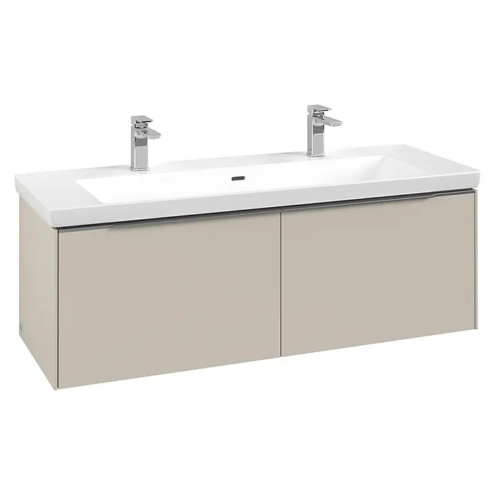 Villeroy & Boch Subway 3.0 Waschbeckenunterschrank - Cashmere Grey, Anzahl Schubladen: 2 Stk., Farbe Griff: Aluminium glänzend, B x T x H: 127,2 x 47,8 x 42,9 cm - Moderner hellbeiger Doppelwaschtischunterschrank mit weißem Keramik-Doppelwaschbecken und zwei Chromarmaturen.