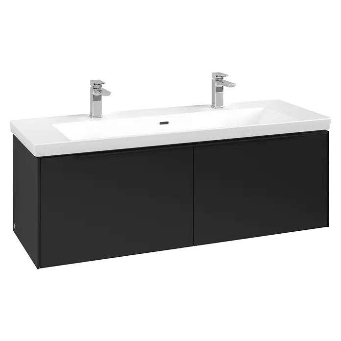 Villeroy & Boch Subway 3.0 Waschbeckenunterschrank - Volcano Black, Anzahl Schubladen: 2 Stk., Farbe Griff: Volcano Black, B x T x H: 127,2 x 47,8 x 42,9 cm - Modernes weißes Doppelwaschbecken mit Chromarmaturen und anthrazitfarbenem Unterschrank.