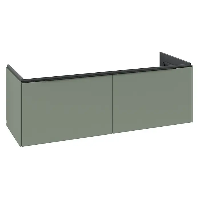 Villeroy & Boch Subway 3.0 Waschbeckenunterschrank - Soft Green, Anzahl Schubladen: 2 Stk., Farbe Griff: Volcano Black, B x T x H: 127,2 x 47,8 x 42,9 cm - Salbeigrüner Wandschrank mit dunkelgrauer Griffleiste.