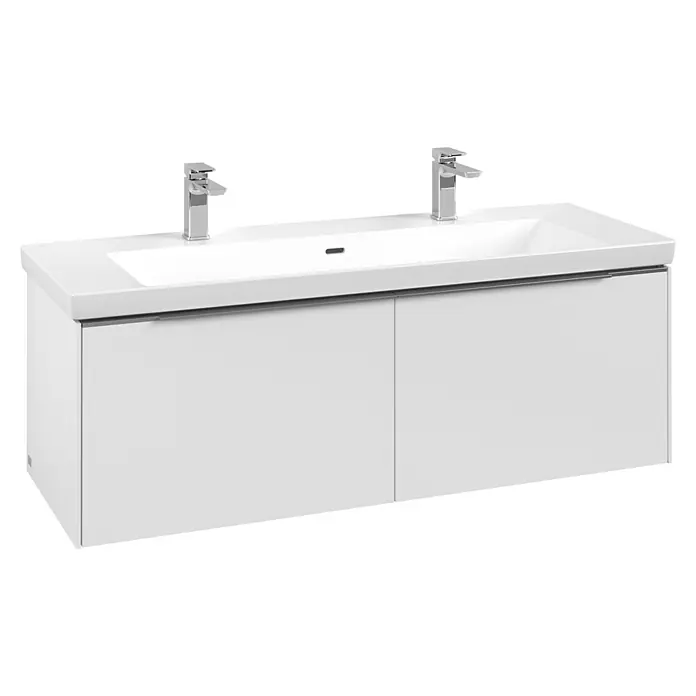 Villeroy & Boch Subway 3.0 Waschbeckenunterschrank - Pure White, Anzahl Schubladen: 2 Stk., Farbe Griff: Aluminium glänzend, B x T x H: 127,2 x 47,8 x 42,9 cm - Weißer Doppelwaschtischunterschrank mit integrierten Becken und zwei Chromarmaturen.