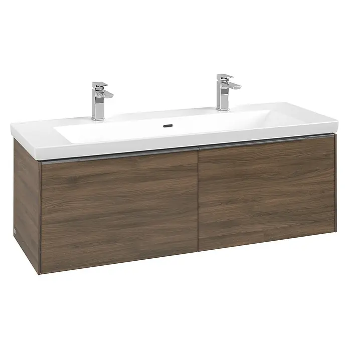 Villeroy & Boch Subway 3.0 Waschbeckenunterschrank - Arizona Oak, Anzahl Schubladen: 2 Stk., Farbe Griff: Aluminium glänzend, B x T x H: 127,2 x 47,8 x 42,9 cm - Weißer Doppelwaschtisch mit zwei Chromarmaturen auf einem dunkelbraunen Holzunterschrank.