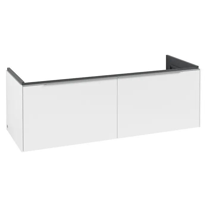 Villeroy & Boch Subway 3.0 Waschbeckenunterschrank - Pure White, Anzahl Schubladen: 2 Stk., Farbe Griff: Aluminium glänzend, B x T x H: 127,2 x 47,8 x 42,9 cm - Weißer Wandschrank mit dunkelgrauer Zierleiste und integrierten Griffen.