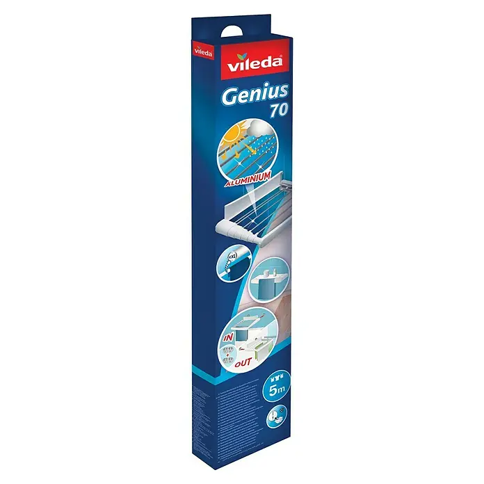 Vileda Wandwäschetrockner Genius 70 - Länge Wäscheleine: 5 m, Farbe: Weiß - Nahaufnahme einer Verpackung für einen Vileda Genius 70 Wäscheständer mit den Produktmerkmalen und -vorteilen.
