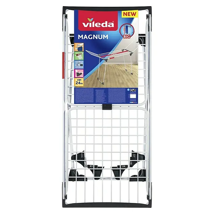 Vileda Flügel-Wäscheständer Magnum - Länge Wäscheleine: 24 m, Weiß - Ein Vileda Magnum Wäscheständer, zusammengeklappt und in seiner Verpackung präsentiert. Er bietet viel Platz zum Trocknen der Wäsche.