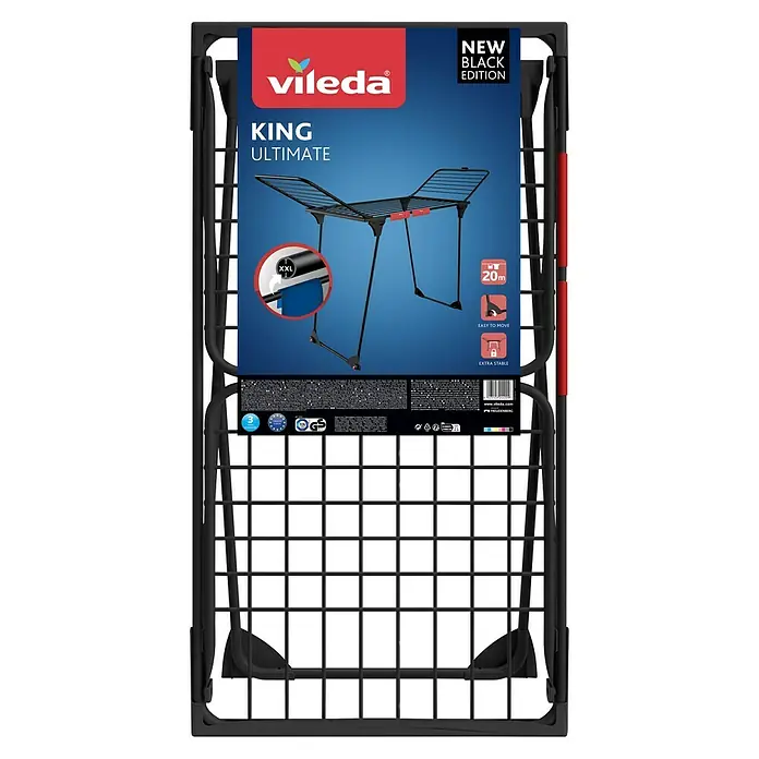 Vileda Flügel-Wäscheständer King Ultimate Black Edition - Länge Wäscheleine: 20 m, Schwarz - Vileda King Ultimate Wäscheständer in Schwarz. Die perfekte Lösung zum Trocknen von Wäsche mit viel Platz.