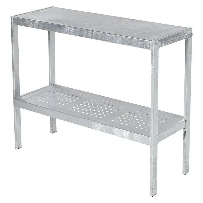 Plus Pflanztisch - Metall, L x B x H: 110 x 40 x 90 cm - Bild eines silberfarbenen Metallregals mit zwei Ablagen.