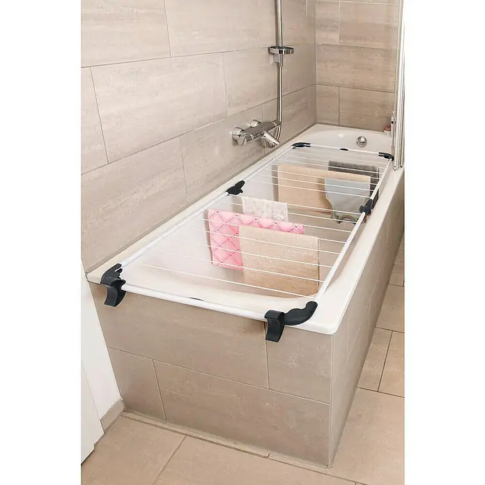 Vileda Stand-Wäscheständer Badewannentrockner Acrobath - Länge Wäscheleine: 10 m, Weiß/Schwarz - Wäscheständer über der Badewanne.