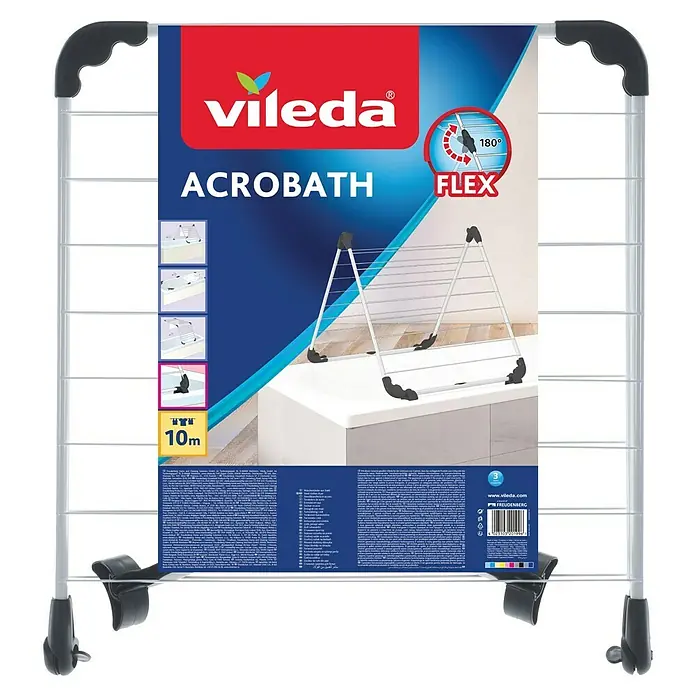 Vileda Stand-Wäscheständer Badewannentrockner Acrobath - Länge Wäscheleine: 10 m, Weiß/Schwarz - Vileda Acrobat Wäscheständer mit flexiblem Design. Ideal für kleine Räume, bietet 10 Meter Trockenfläche.