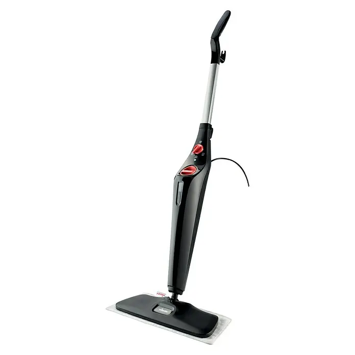Vileda Steam Dampfreiniger Plus XXL - 40 cm, Bodenreinigung - Abbildung eines Vileda Dampfreinigers mit schwarzem Korpus, silberner Stange und rotem Knopf, der eine hygienische und gründliche Reinigung ohne Chemikalien ermöglicht.