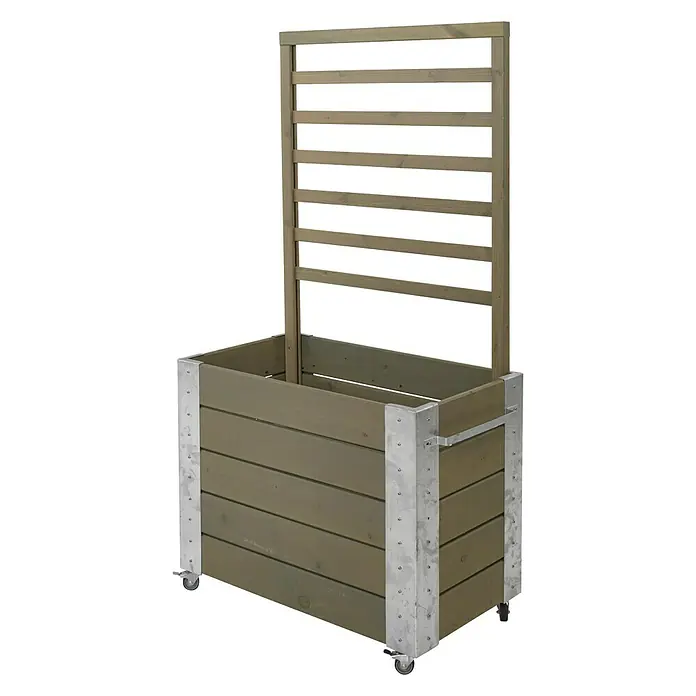 Plus Pflanzkasten Cubic - Graubraun, 87 x 50 x 155 cm, Mit Rankgitter - Hochbeet mit Rankgitter für den Garten. Das Holzbeet verfügt über Rollen und eine Metallverstärkung für zusätzliche Stabilität.