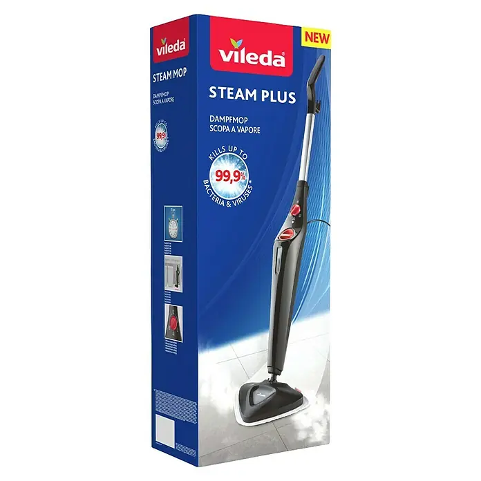 Vileda Steam Dampfreiniger Plus - 3 -tlg., 1 x Dampfreiniger, 2 x Ersatzbezug, 1 x Handbuch, 1 x Teppichgleiter, 1 x 250 ml Messbecher - Das Bild zeigt die Verpackung des Vileda Steam Plus Dampfreinigers, der bis zu 99,9 % der Bakterien und Viren abtötet.