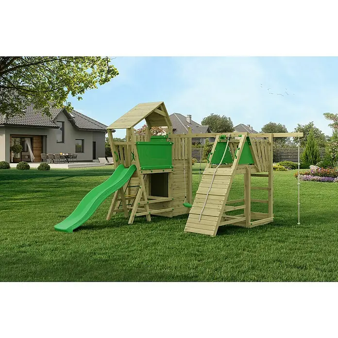 Funky Combo Kinderspielturm Dreamland - L x B x H: 380,5 x 435 x 276,5 cm, Kesseldruckimprägniert - Ein großer, hölzerner Spielturm mit Rutsche, Schaukel und Kletterwand steht im Garten und bietet Kindern vielseitige Spielmöglichkeiten.