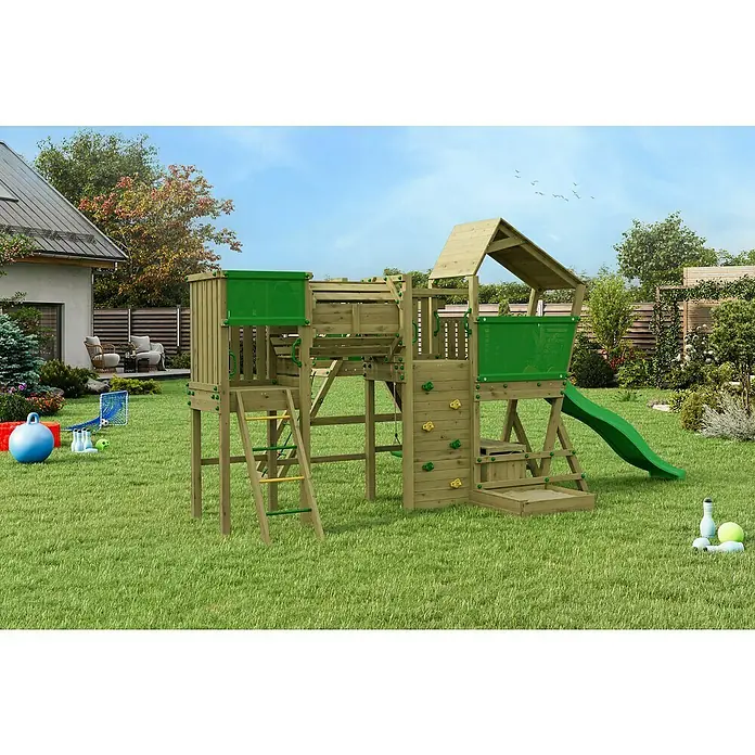 Funky Combo Kinderspielturm Cosmix Rocker - L x B x H: 534 x 367 x 276,5 cm, Kesseldruckimprägniert - Ein hölzernes Spielhaus mit Rutsche, Kletterwand und Leiter steht im Garten. Ideal für Kinder zum Spielen und Austoben im Freien.