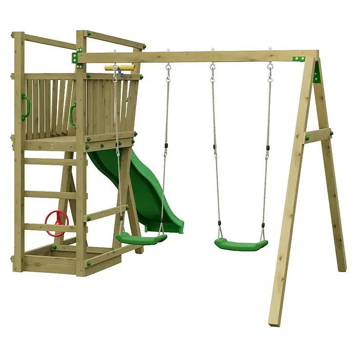 Funky Combo Kinderspielturm Dream - Kesseldruckimprägniert - Hölzerner Spielturm mit grüner Rutsche, zwei grünen Schaukeln und rotem Lenkrad.