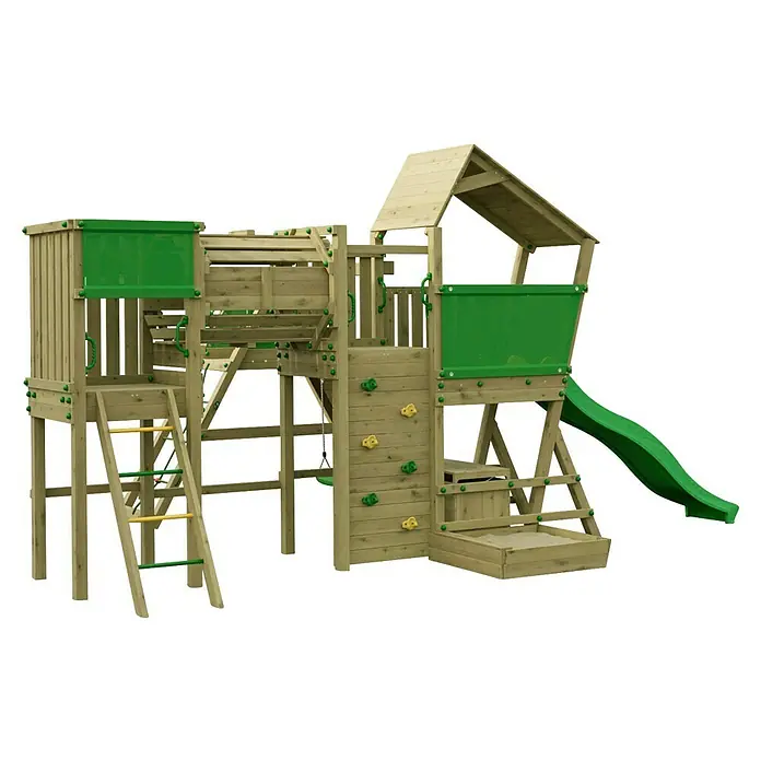 Funky Combo Kinderspielturm Cosmix Rocker - L x B x H: 534 x 367 x 276,5 cm, Kesseldruckimprägniert - Hölzernes Spielgerüst mit grüner Rutsche, Kletterwand, Leitern und Sandkasten.