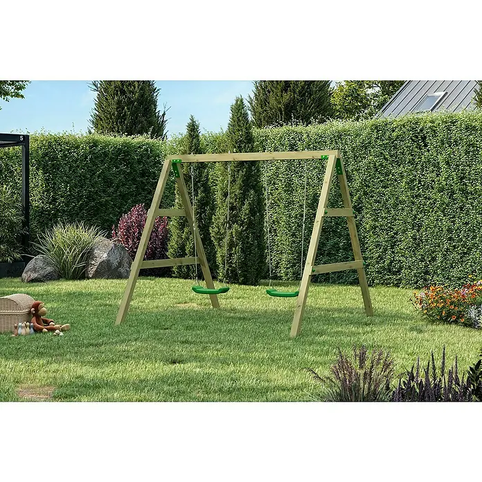 Funky Combo Doppelschaukel - L x B x H: 200 x 200 x 241 cm, Holz - Ein Holzschaukelgestell mit zwei grünen Schaukeln.