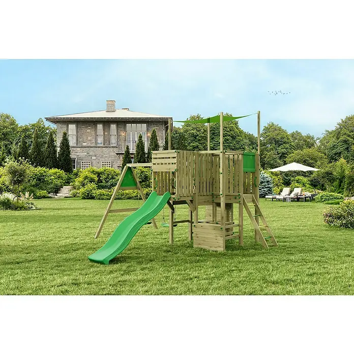 Funky Combo Kinderspielturm Multirex - L x B x H: 435 x 429 x 320 cm, Kesseldruckimprägniert - Eine farbenfrohe Spielanlage mit Rutsche, Schaukeln und Kletterturm für stundenlangen Spaß im Garten.