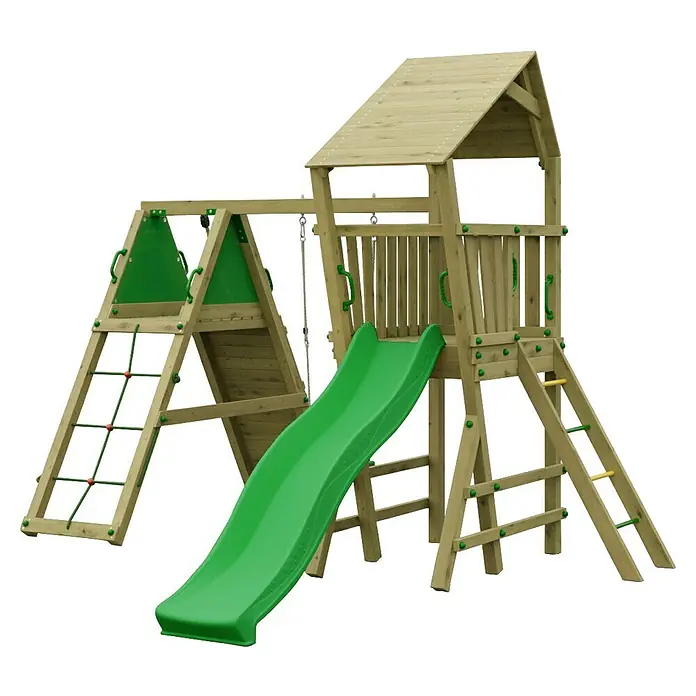 Funky Combo Kinderspielturm Flea Rocker - L x B x H: 410 x 363 x 276,5 cm, Kesseldruckimprägniert - Hölzernes Spielgerüst mit grüner Rutsche, Kletternetz und Leiter für Kinder.