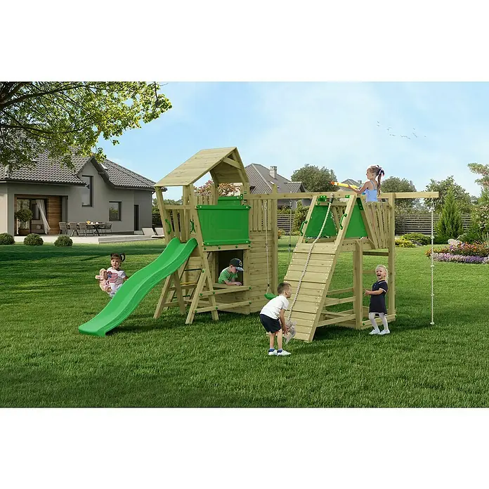 Funky Combo Kinderspielturm Dreamland - L x B x H: 380,5 x 435 x 276,5 cm, Kesseldruckimprägniert - Ein vielseitiger Outdoor-Spielplatz aus Holz mit Rutsche, Klettergerüst und Schaukel für Kinder. Ideal für aktiven Spaß im Garten.