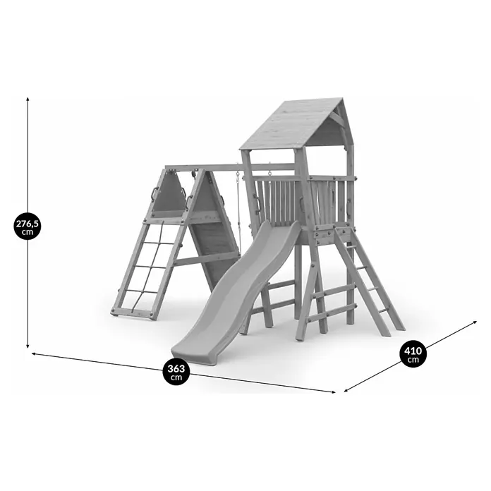 Funky Combo Kinderspielturm Flea Rocker - L x B x H: 410 x 363 x 276,5 cm, Kesseldruckimprägniert - Hölzerner Spielturm mit Rutsche, Schaukel und Kletterwand. Maße: 276,5cm H x 363cm B x 410cm T.