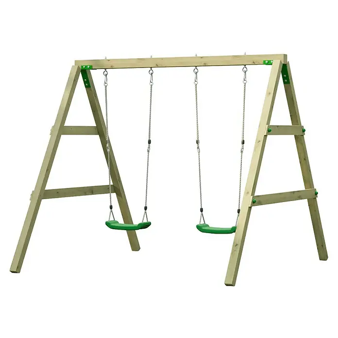 Funky Combo Doppelschaukel - L x B x H: 200 x 200 x 241 cm, Holz - Hölzernes Doppelschaukelgestell mit grünen Plastiksitzen und Seilaufhängungen, ideal für den Außenbereich.