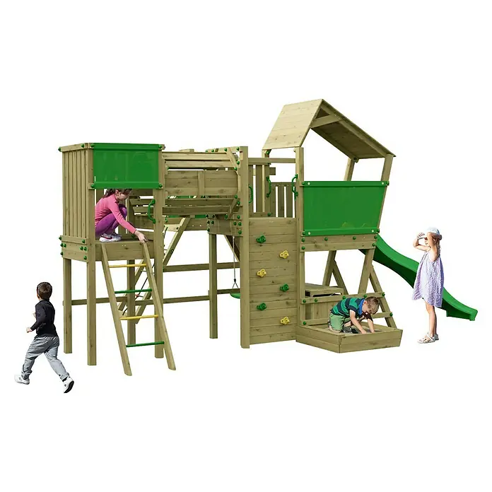 Funky Combo Kinderspielturm Cosmix Rocker - L x B x H: 534 x 367 x 276,5 cm, Kesseldruckimprägniert - Hölzernes Spielgerät mit Rutsche, Leiter, Kletterwand und Sandkasten, mit spielenden Kindern.