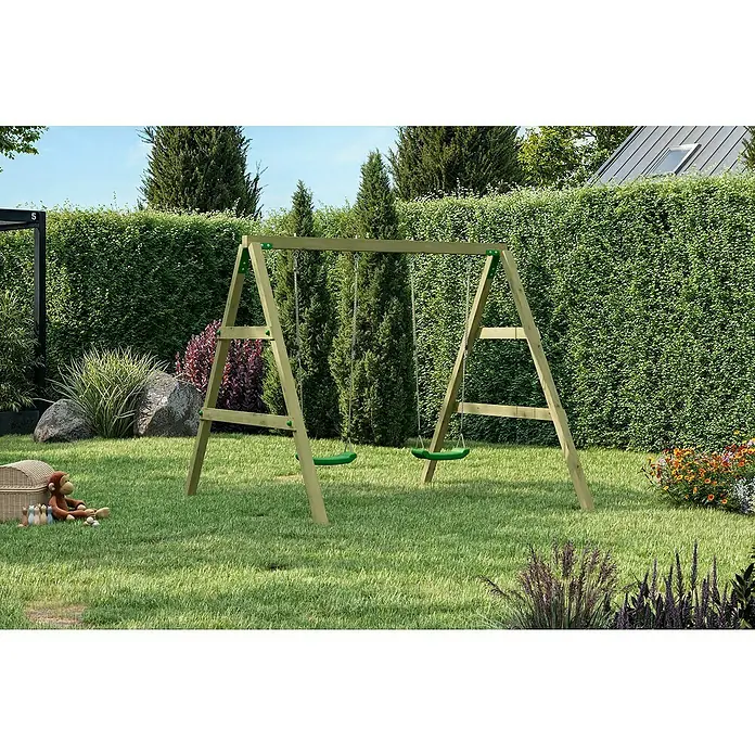 Funky Combo Doppelschaukel - L x B x H: 200 x 200 x 241 cm, Holz - Hölzernes Schaukelgestell mit zwei grünen Sitzen in einem sonnigen Garten.