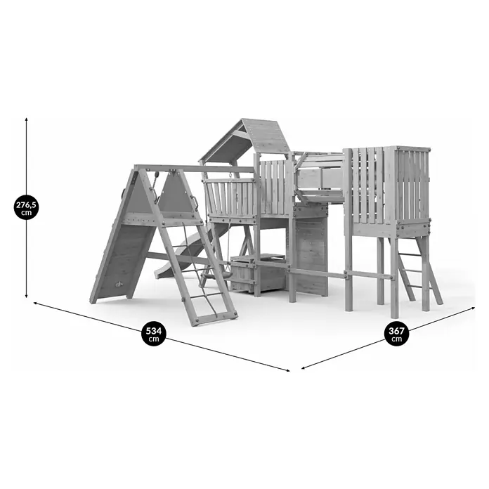 Funky Combo Kinderspielturm Cosmix Rocker - L x B x H: 534 x 367 x 276,5 cm, Kesseldruckimprägniert - Hölzernes Spielgerüst mit Schaukeln, Rutsche und Kletterturm. Maße: 276,5 H x 534 B x 367 T cm.