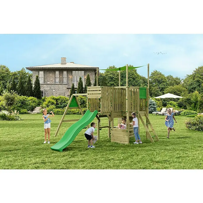 Funky Combo Kinderspielturm Multirex - L x B x H: 435 x 429 x 320 cm, Kesseldruckimprägniert - Kinderspielplatz im Garten. Das Holzspielhaus mit Rutsche, Schaukel und Kletterleiter bietet viel Spaß für Kinder im Freien.