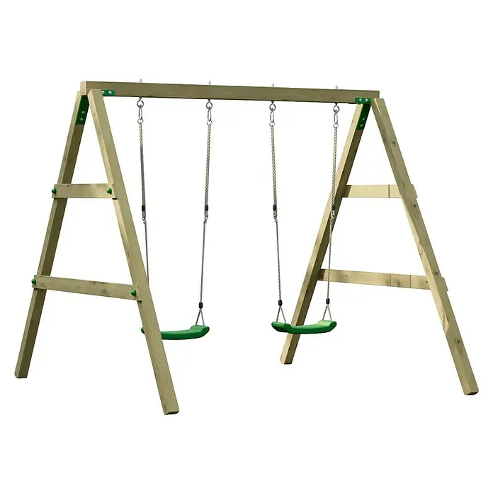 Funky Combo Doppelschaukel - L x B x H: 200 x 200 x 241 cm, Holz - Hölzernes Schaukelgestell mit zwei grünen Plastikschaukeln an Seilen.