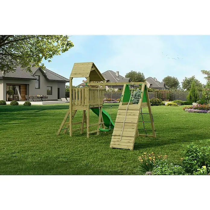 Funky Combo Kinderspielturm Flea Rocker - L x B x H: 410 x 363 x 276,5 cm, Kesseldruckimprägniert - Holzspielplatz mit Turm, Rutsche, Schaukel und Kletterwand im Garten. Ideal für Kinder zum Spielen und Austoben im Freien.