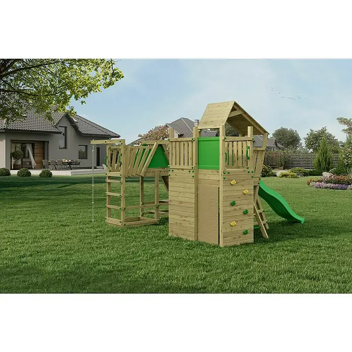 Funky Combo Kinderspielturm Dreamland - L x B x H: 380,5 x 435 x 276,5 cm, Kesseldruckimprägniert - Holzspielplatz mit Kletterwand und Rutsche im Garten. Das Spielgerät bietet Spaß und Bewegung im Freien.
