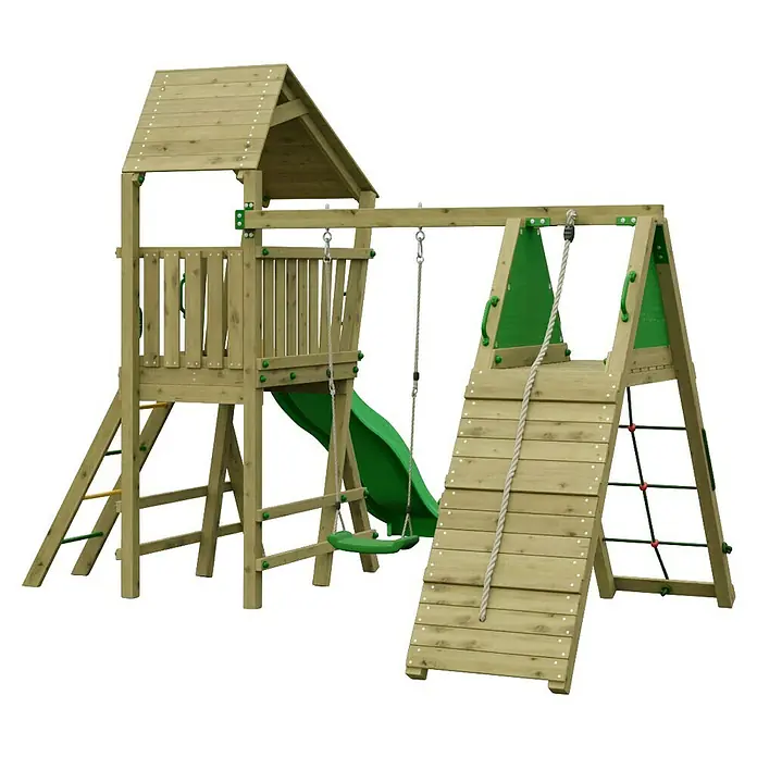 Funky Combo Kinderspielturm Flea Rocker - L x B x H: 410 x 363 x 276,5 cm, Kesseldruckimprägniert - Holzspielturm mit Rutsche, Schaukel und Kletterrampe mit Seil und Netz.