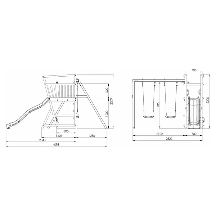 Funky Combo Kinderspielturm Dream - Kesseldruckimprägniert - Technische Zeichnung eines Holzspielplatzes mit Rutsche und Doppelschaukel, inklusive Maße.
