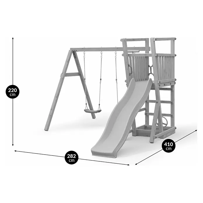 Funky Combo Kinderspielturm Dream - Kesseldruckimprägniert - Holzspielplatzstruktur mit grauer Rutsche, zwei Schaukeln und einer Kletterleiter.